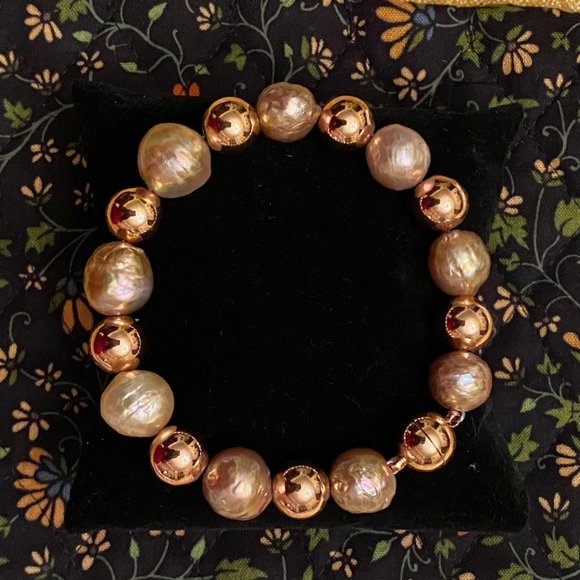 Radiant Honora Ming Pearl and Italian Rose Gold Bronze Bead Bracelet, 6.5" - Picture 9 of 13